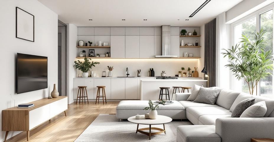 Aranżacja mieszkania 50m² — jasny salon z aneksem kuchennym