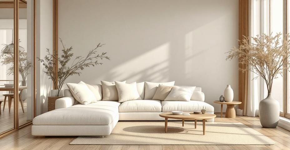 Salon w stylu Japandi — naturalne drewno, neutralne kolory i minimalistyczne meble