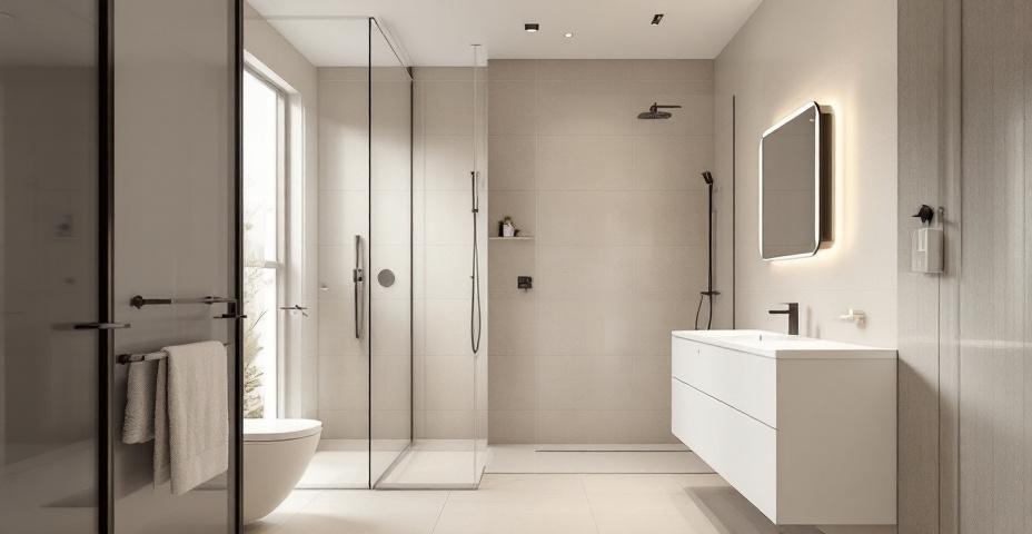 Aranżacja małej łazienki 4 m² - prysznic walk-in, jasne płytki i lustro powiększające