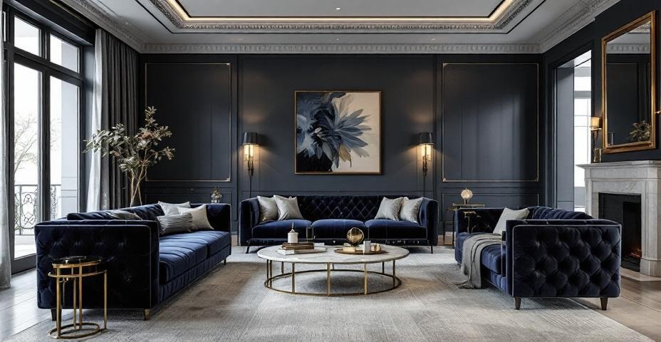 Salon w stylu Modern Classic — pikowana sofa, marmurowy stolik i złote detale