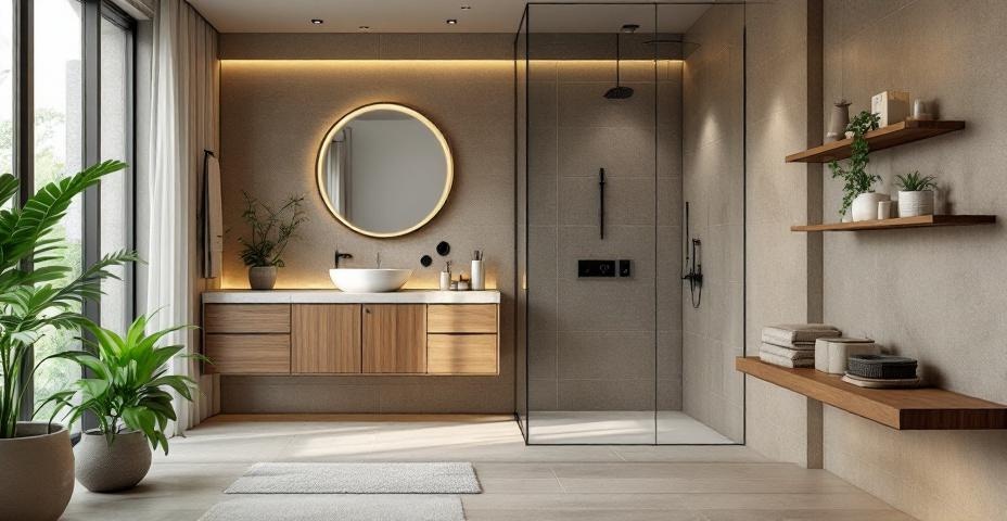 Wizualizacja projektu łazienki w stylu japandi — Studio Subtelności Kielce