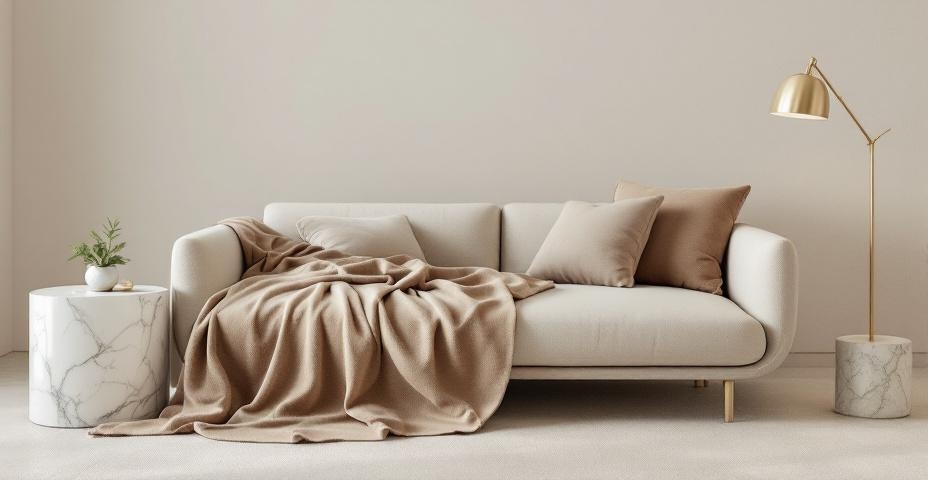 Salon w stylu Quiet Luxury — kaszmirowa sofa, marmurowy stolik i miękkie oświetlenie