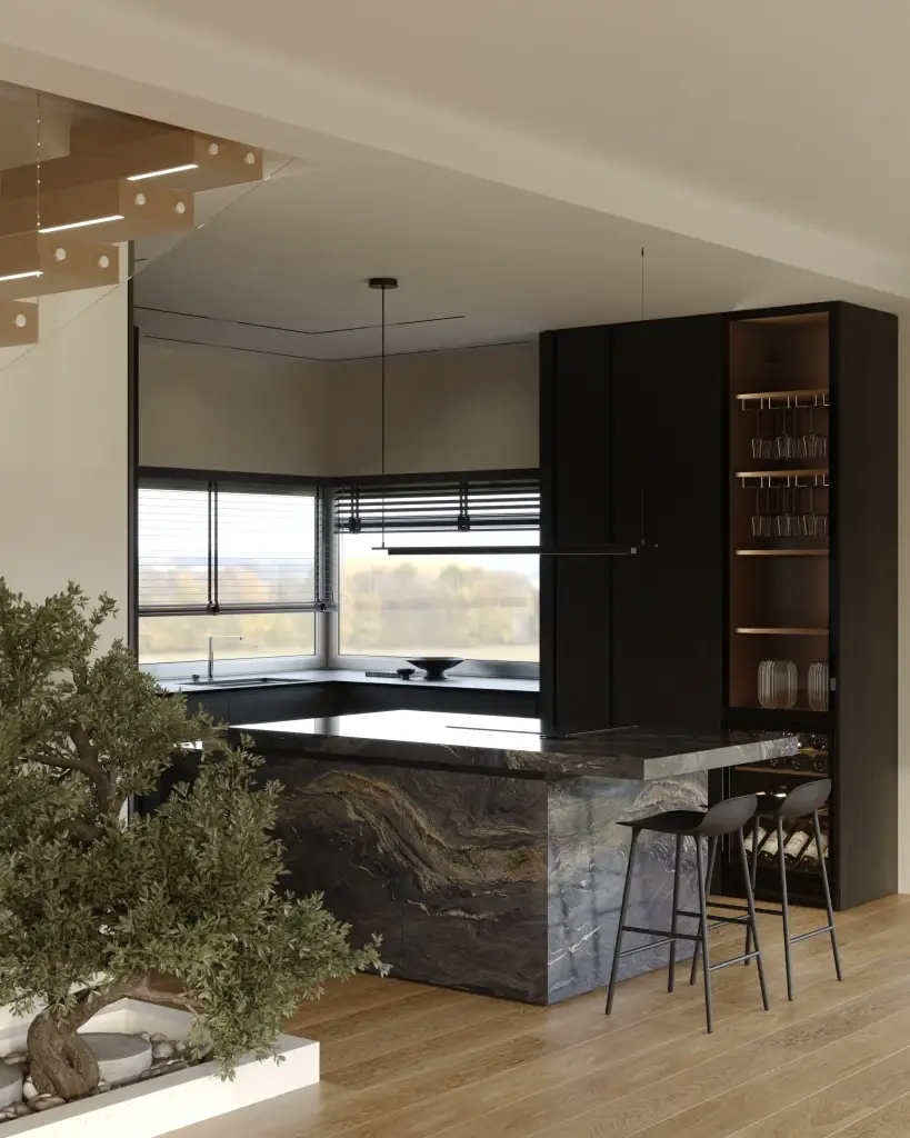 Kuchnia z kamienną wyspą — dom w Chęcinach