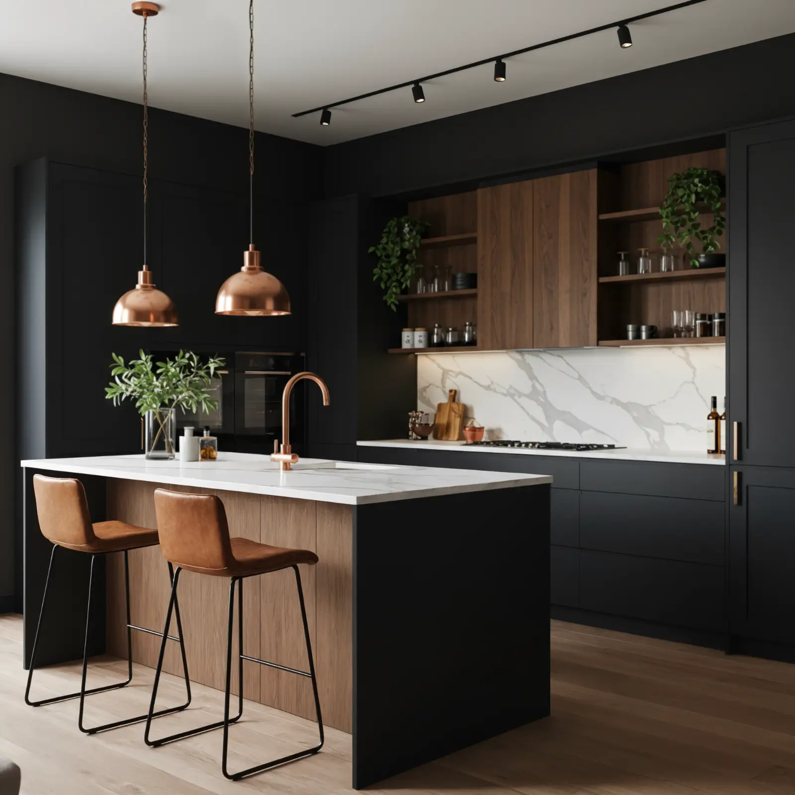 Kuchnia w stylu modern classic — wyspa kuchenna, fronty w bieli, oświetlenie punktowe z miedzianymi lampami