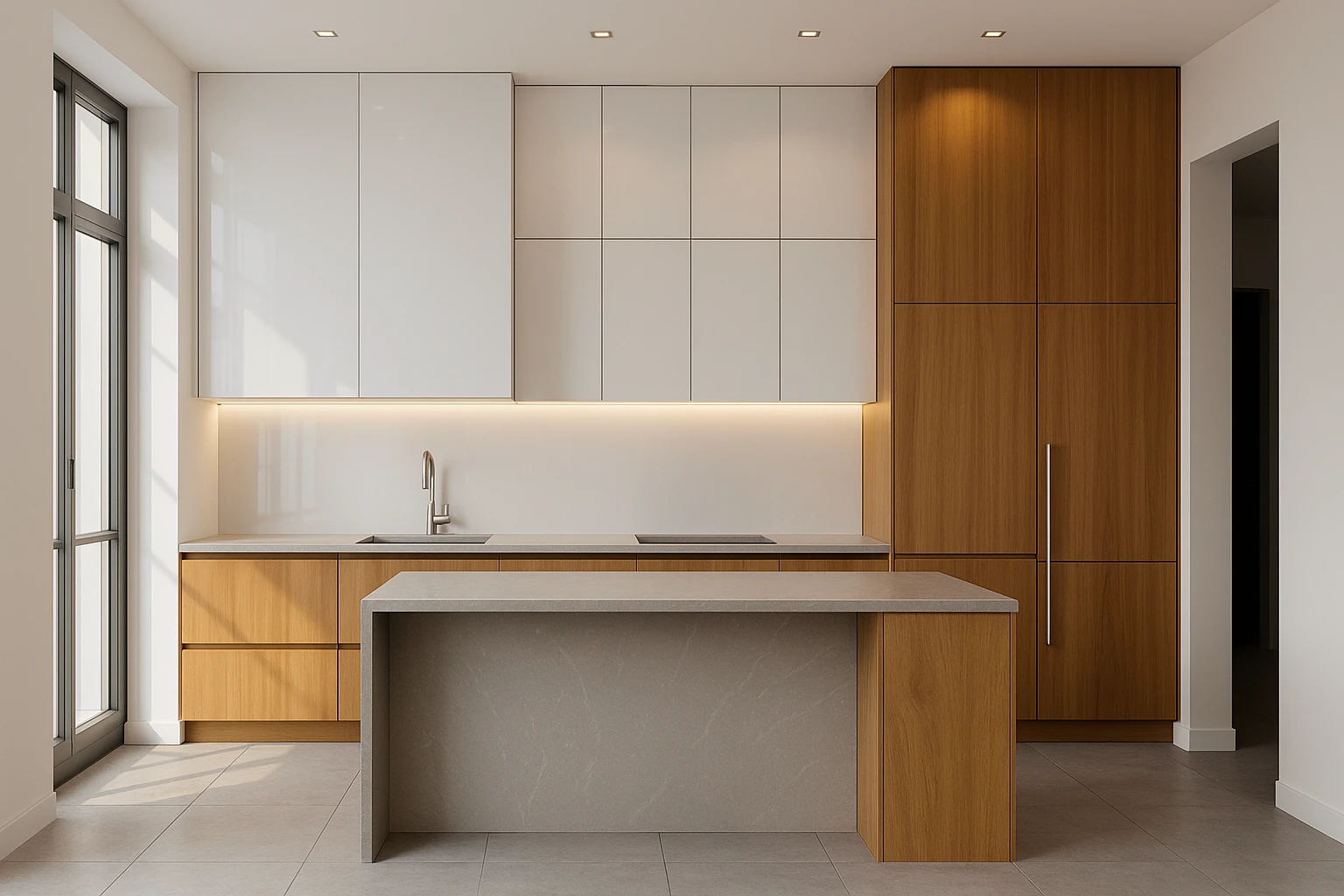 Realizacja projektu kuchni — drewniana wyspa, białe szafki i podświetlenie LED