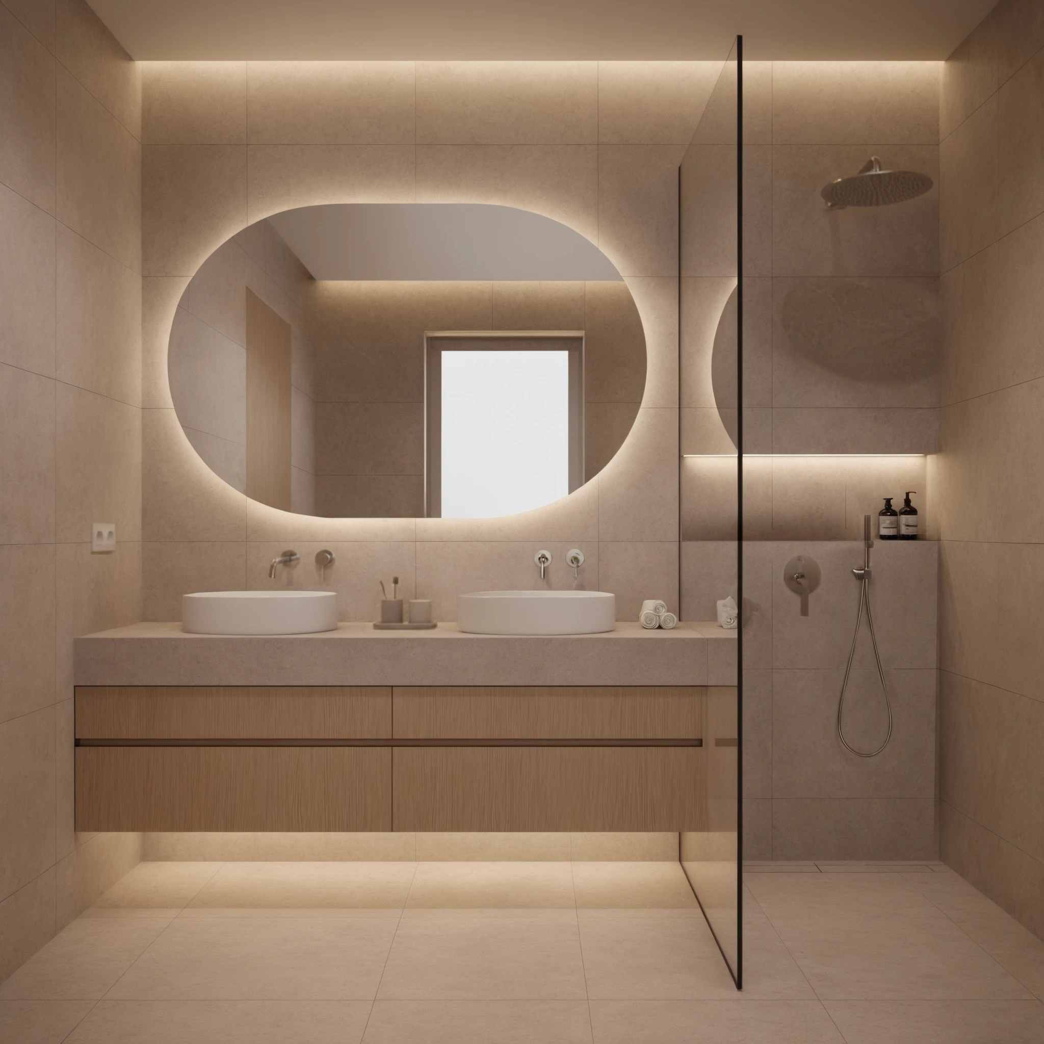 Realizacja projektu łazienki — podświetlane lustro, dwie umywalki i prysznic walk-in