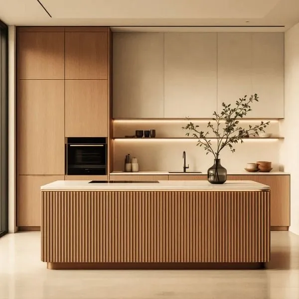 Wizualizacja 3D kuchni z drewnianą wyspą i jasnymi szafkami — Studio Subtelności